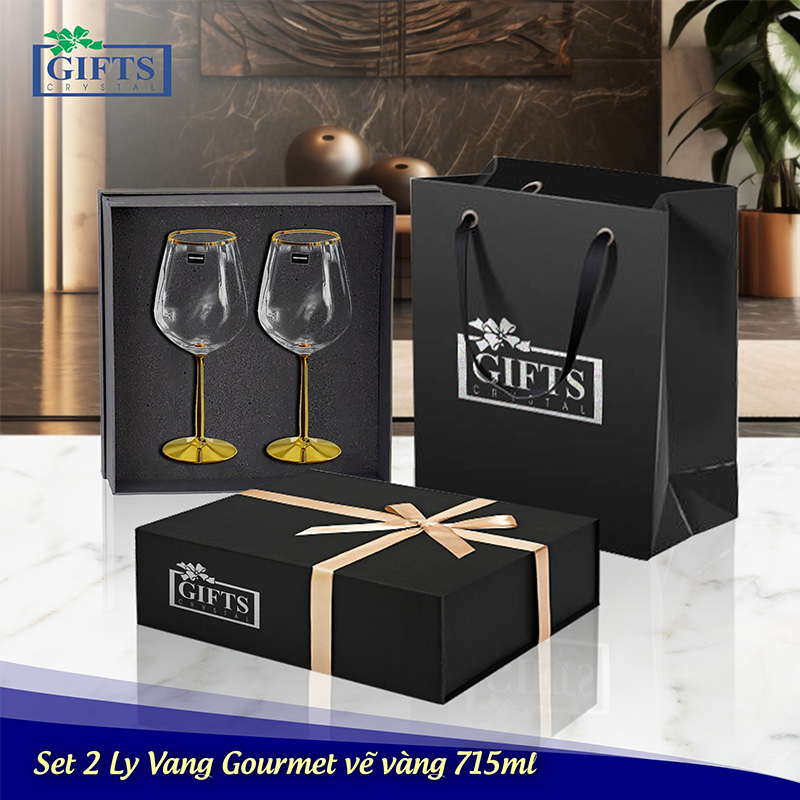 Set 2 Ly Vang Gourmet Vẽ Vàng 715ml | Crystal Bohemia