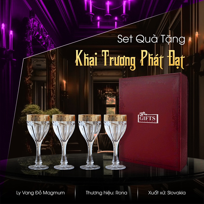 Set 4 Ly Vang Safari 190ml Vẽ Vàng | Crystal Bohemia Tiệp Khắc