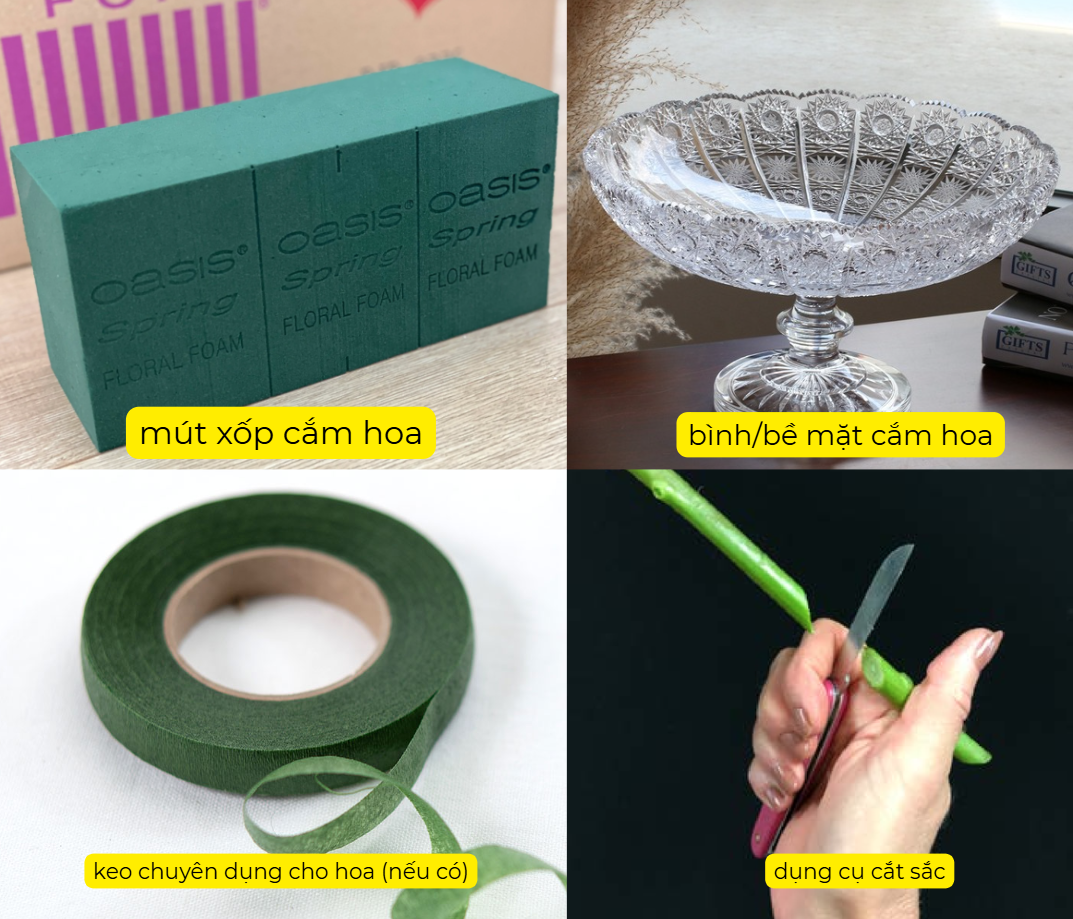 Dụng cụ cần thiết cắm hoa hồng để bàn