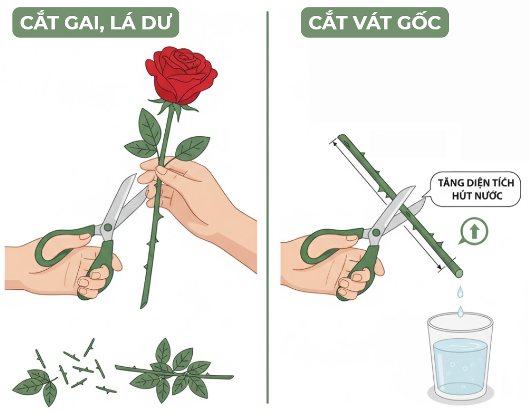 xử lí hoa hồng trước khi cắm