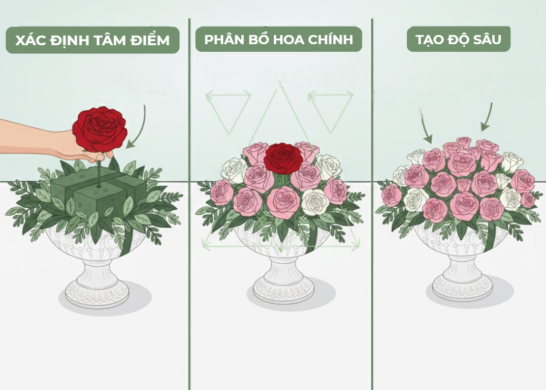 định vị - cắm hoa vào bình để bàn dáng thấp