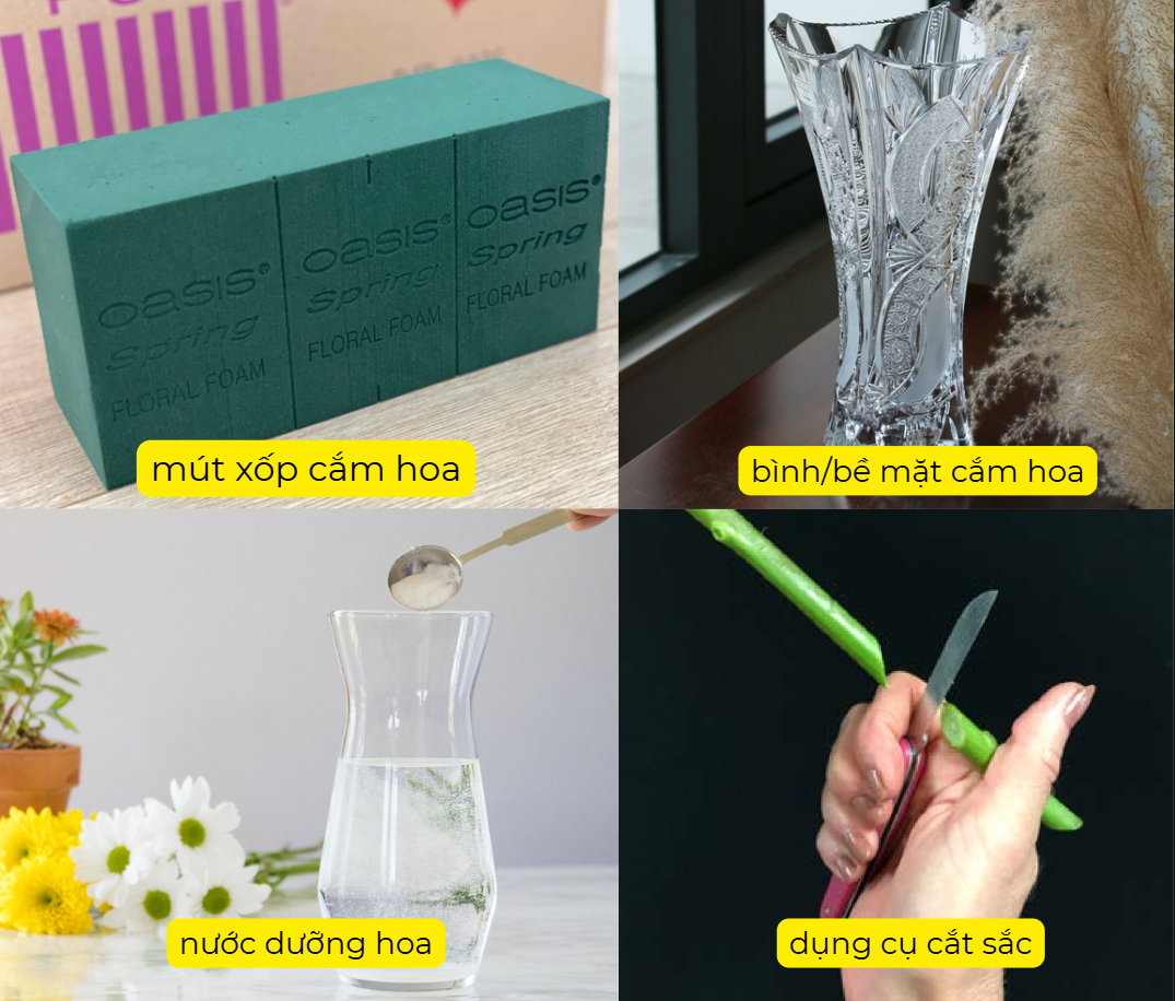 dụng cụ chuẩn bị trước khi cắm hoa