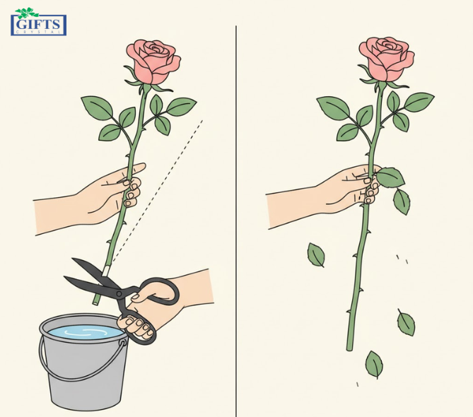 xử lí cành hoa hồng trước khi cắm hoa