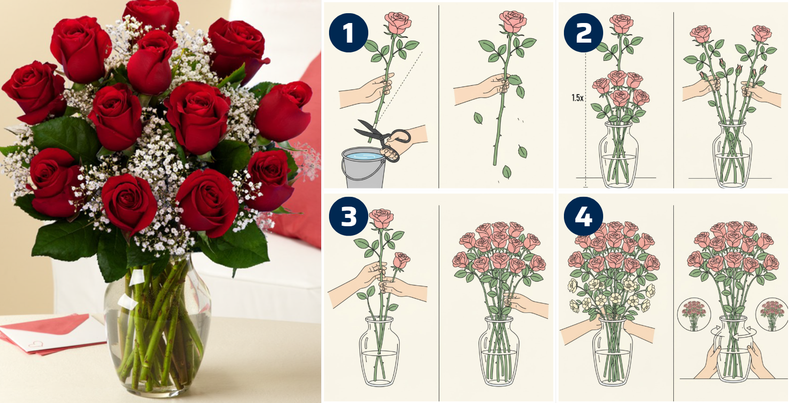 Hướng dẫn quy trình 4 bước cắm hoa hồng dáng cao đẹp